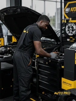Techinician inspecting a vehicle
